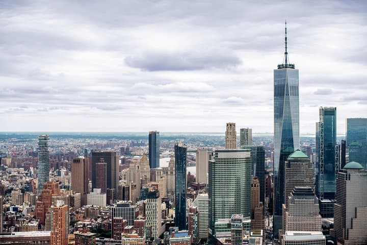 Skyscrapers of downtown Manhattan from a birds-eye view.