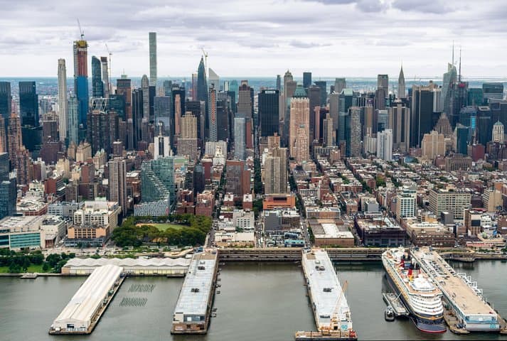 One World Trade Center and other skyscrapers, as seen from a helicopter tour of New York City.