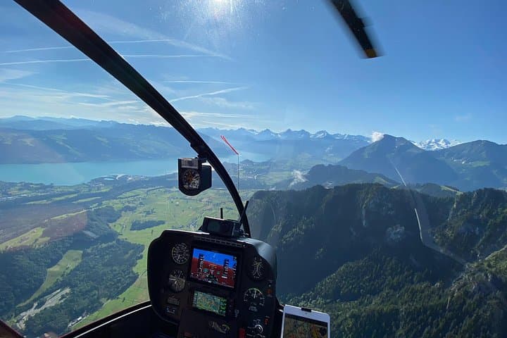 The great view out of the helicopter cockpit during the lake Thun tour