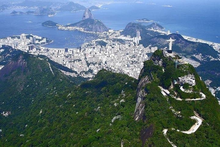 View of Corcovado mountain and Christ ststue from inside the helicopter