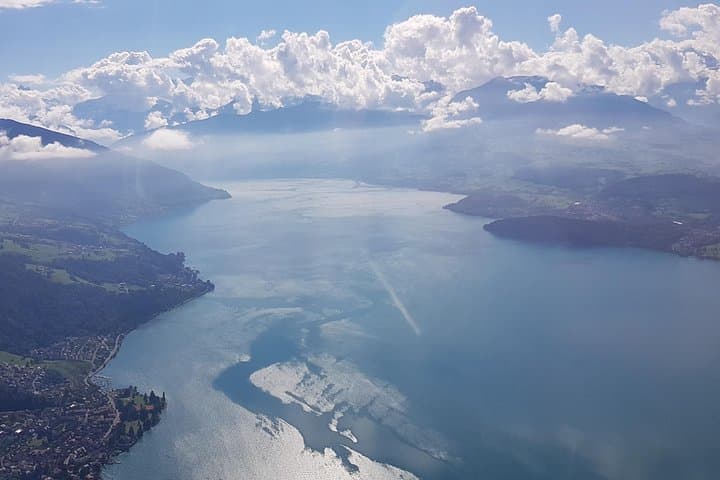 The view over Lake Thun to Interlaken and the high mountains
