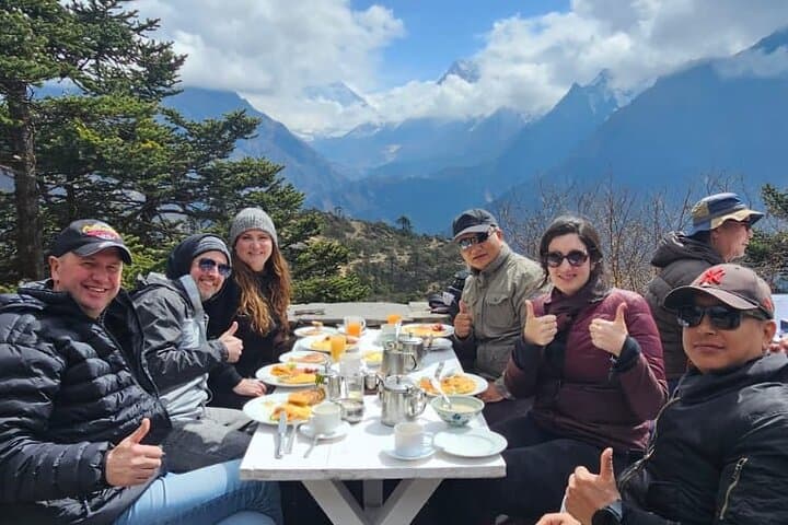 Enjoying breakfast at Everest View Hotel after an unforgettable Everest helicopter tour.